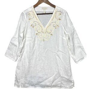 Cynthia Rowley Tunic Womens M 100% Linen Beaded‎ Embroidered Boho Chic Lagenlook